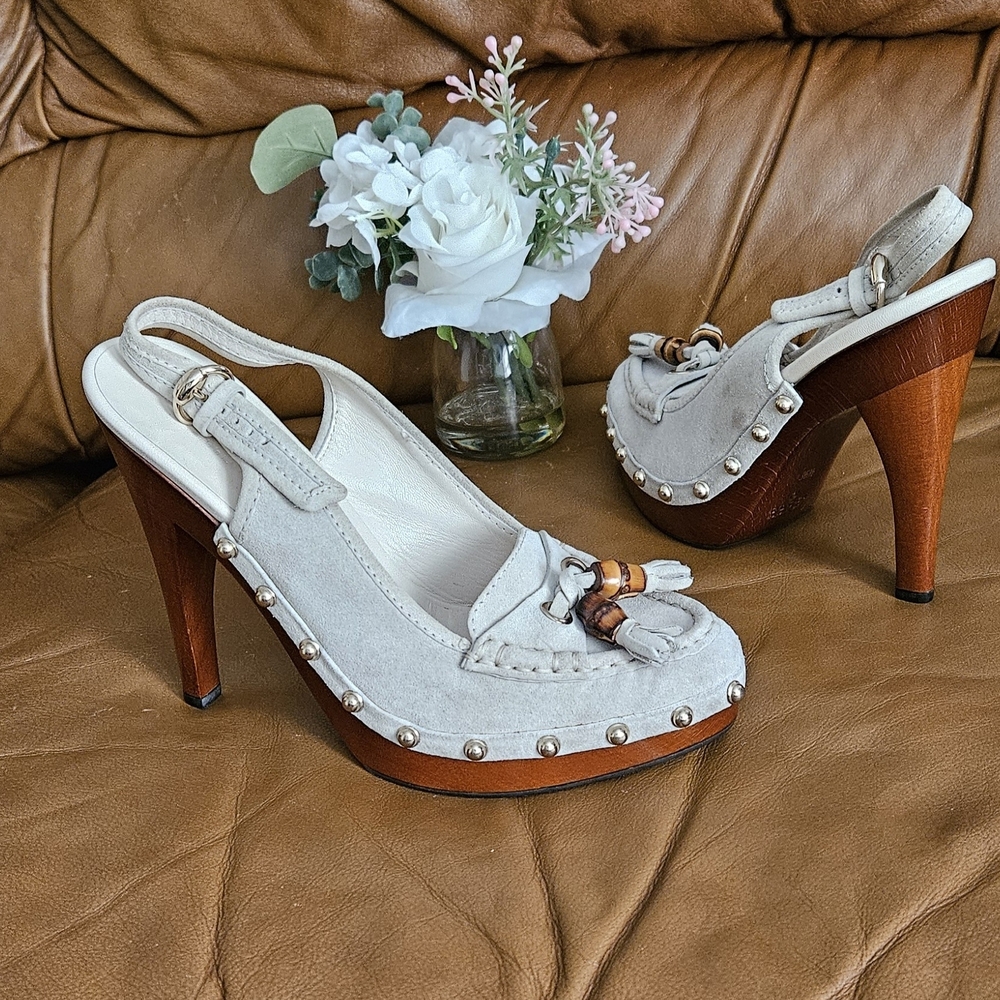 Gucci Light Grey Suede Platform Slingback Wooden Block Heel Size 6.5 US